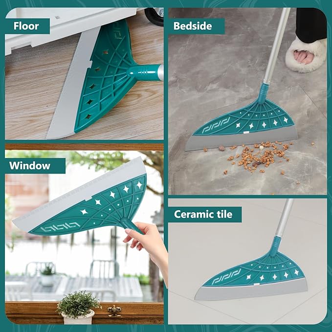 Air Broom for Household Cleaning, Silicone Broom Adjustable Handle, Sweep and Scrape 2-in-1 Squeegee Broom for Wet&Dry Messes, Hair, Liquids, Glass, Bathroom, Kitchen on Smooth Floor(Green)