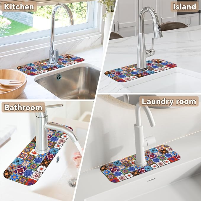 Kitchen Sink Splash Guard Faucet Mat Talavera Mexican Boho 2PCS Absorbent Fast Drying Faucet Guard & Draining Mat Sink Splash Guard Behind Faucet Drip Catcher for Kitchen Bathroom RV (15.4" X 5.7" )