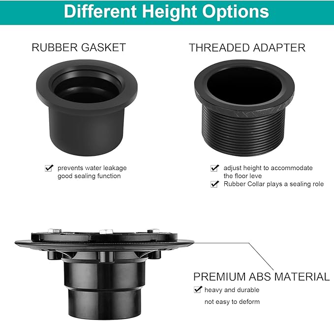 Shower Drain Base Flange Kit ABS Base, 2 inch Adjustable Thread Adapter with Rubber Gasket for No Hub Linear & Square Drain Installation