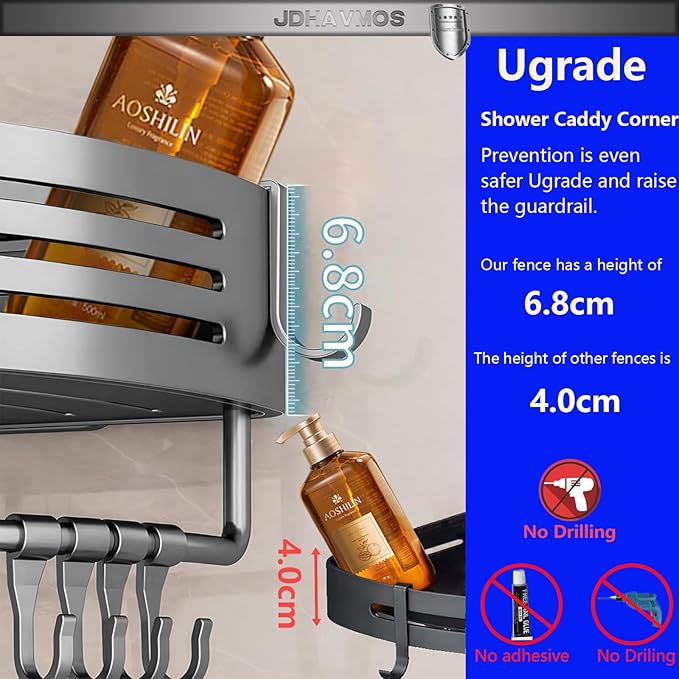 Suction Cup Shower Caddy - No Drilling Removable, Corner Shower Shelves - Aluminum Rustproof, Corner Shower Caddy with Towel Bar & Hooks for Bathroom Organizer (2-Pack Gunmetal Gray)
