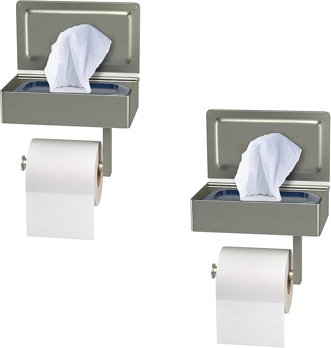 Brushed Nickel Toilet Paper Holder Wall Mounted with Shelf & Wipes Storage – Stainless Steel SUS304 Modern Toilet Tissue Roll Holder for Bathroom, Kitchen – Adhesive and Screw Installation - 2 Pack
