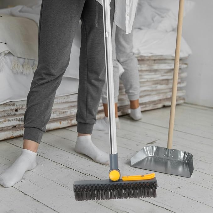 CLISPEED Shower Scrub Brush and Floor Brush with Stiff Bristles 2-in-1 with Stainless Steel Squeegee Blue-Yellow Hard Bristle for Grout and Floor Cleaning