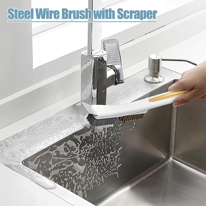 Kitchen Stove Top Brush - Heavy Duty Scrubber with Scraper, Steel Wire Cleaning Tool | Home Dirt Removal Accessory for Sink Drains, Tile, Grout, Stove, Bathroom Corners, Daily Cleaning Tasks