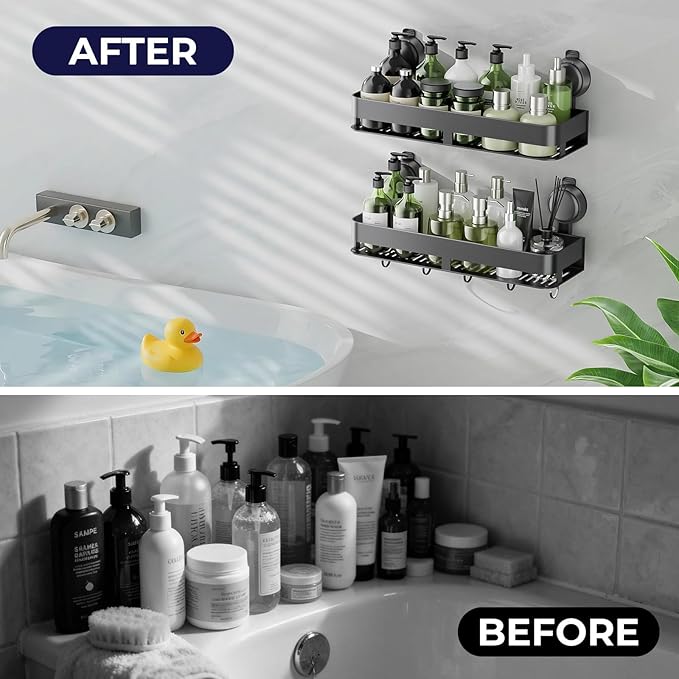 ONXE Shower Caddy Suction Cup,2 Pack Suction Shower Organizer,No Drilling Rustproof Shelves for Bathroom,Kitchen,Home Decor,Heavy Duty Bathroom Organizer with Large Capacity (15.7 inch-No bar)