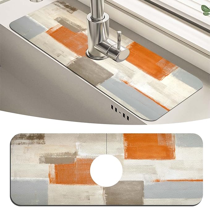 MCALK Orange Kitchen Sink Faucet Mat Splash Guard, Absorbent Quick-Dry Kitchen Sink Mat - Ideal for Splash Guard & Drip Catching with Abstract Art Decor( 1pc 15"x5.5")