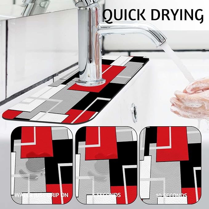 MCALK Geometric Red Kitchen Sink Faucet Mat Splash Guard, Absorbent Quick-Dry Kitchen Sink Mat - Ideal for Splash Guard & Drip Catching with Modern Art Decor( 1pc 15"x5.5")
