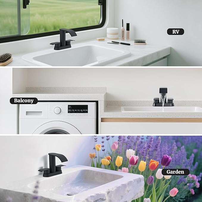 Ultimate Unicorn Black Waterfall Bathroom Faucet, 4 Inch Bathroom Sink Faucet for 3 Hole or 2 Hole, Anti-Splash Design Sink Faucets with Pop Up Drain, Easy Install for Vanity, RV, Lavatory