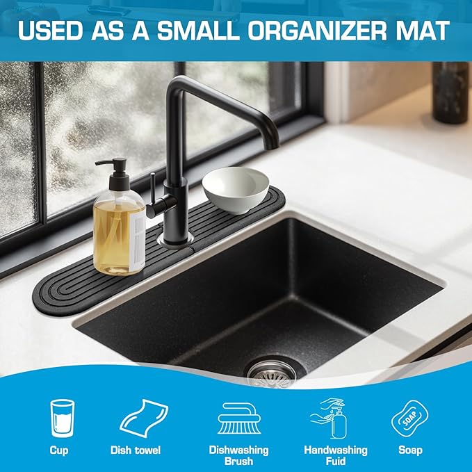 Diatomite Stone Faucet Mat For Kitchen Sink-Absorbent Fast Drying Stone Sink Tray,Faucet Splash Guard Counter,Quick Dry Sink Mat Around Faucet For Kitchen & Bathroom (Dark Gray-Oval,15.7" x 4")