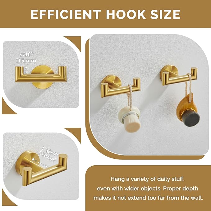 Angle Simple Towel Double Hook Brassy Gold 2 PCS, SUS304 Stainless Steel Bathroom Hand Towel Holder, Double Robe Hook, Wall Mount