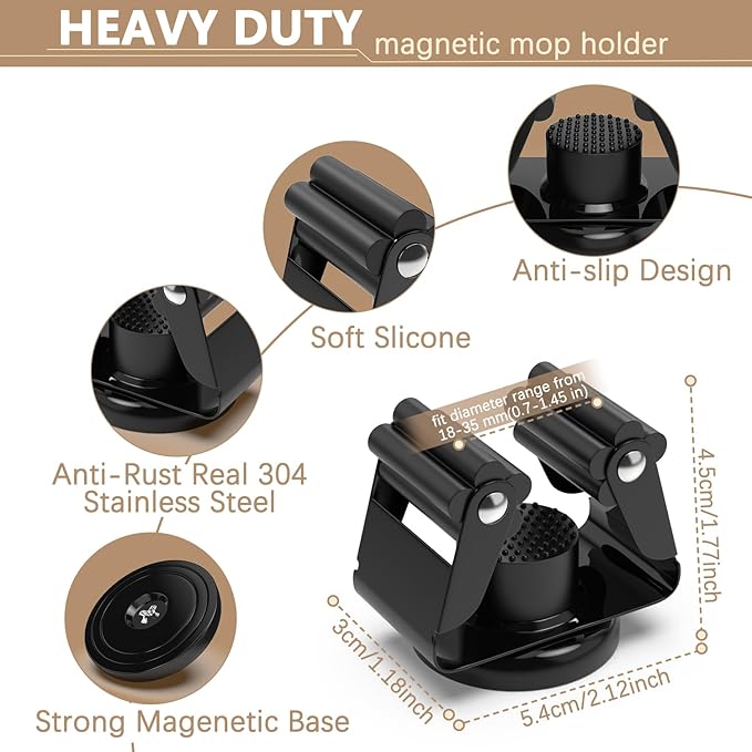 3-H Magnetic Broom Holder 4 Piece Set, 304 Stainless Steel Broom Holder Wall Mount, No Drilling Magnetic Tool Holder with 2 Mini Magnetic Hooks for Garage Garden Laundry Kitchen, Black