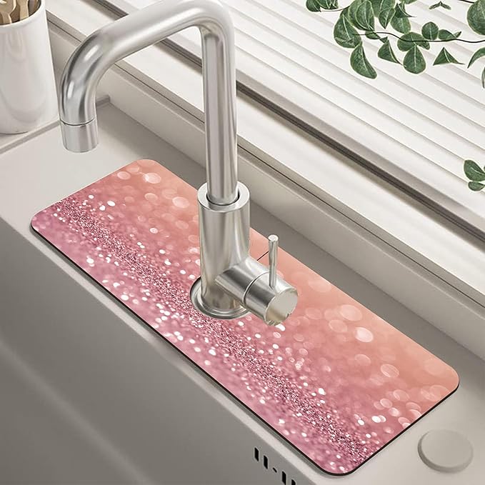 Abstract Pink Glitter Diamond Sink Faucet Absorbing Mat Sink Splash Guard Faucet Mat Draining Mat Fast Drying Sink Protectors for Kitchen and Bathroom 5.5"×15"