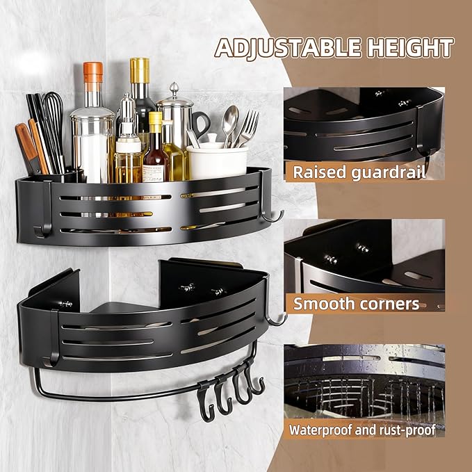 Adhesive Shower Caddy,2 Pack Corner Shower Caddies,Aluminum Shower Shelves,Bathroom Organizer No Drilling Shower Shelves for Bath, Kitchen, Home Storage(Black)