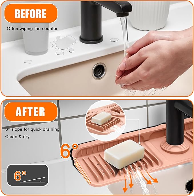 Pink 24" Button Style Faucet Drip Catcher – Silicone Faucet Mat for Kitchen Sink, Leak-Proof Splash Guard with 6° Slope | Behind Faucet Draining Mat Easy Gadgets for Bathroom Kitchen Countertops