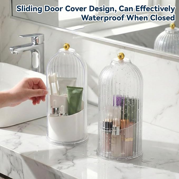 Covered Toothbrush Holder, Rotating Toothbrush Holder 3 Slots Sliding Lid Toothbrushes Organizer Dustproof Tooth Brush Holders with Cover for Organizing and Storing Bathroom Countertops-White