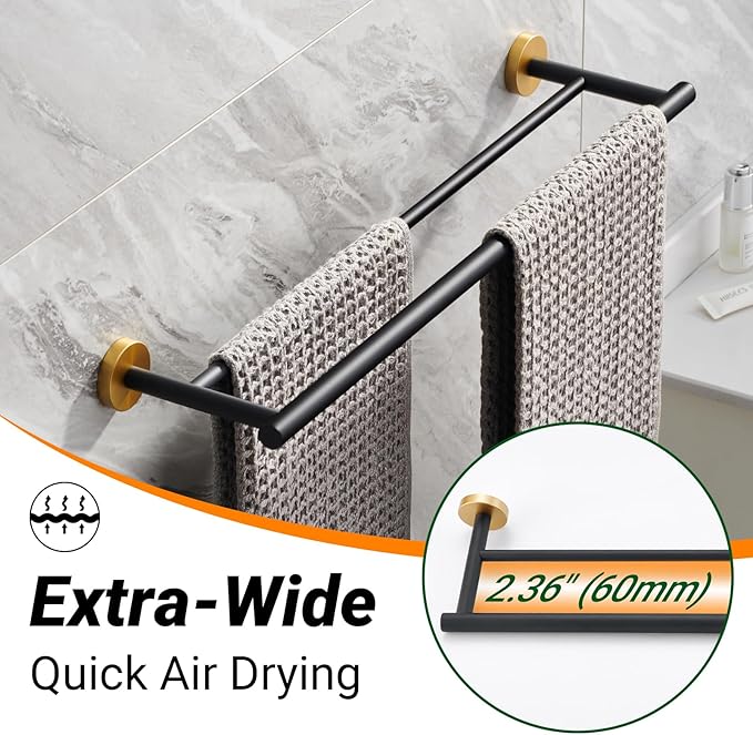 Miyili Double Bath Towel Bar 24-Inch Hand Towel Rack for Bathroom SUS 304 Stainless Steel Wall Mount Black & Gold, A01BG60B