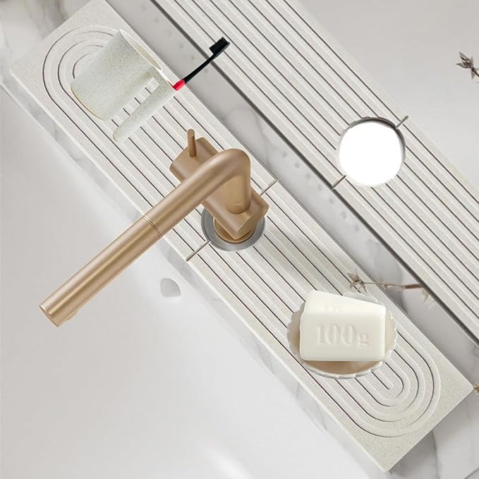 Faucet Mat for Kitchen Sink, 24'' Long Diatomite Quick Dry Faucet Mat Faucet Splash Guard for Bathroom Counter, Kitchen [White, 23.6" x 3.9"]