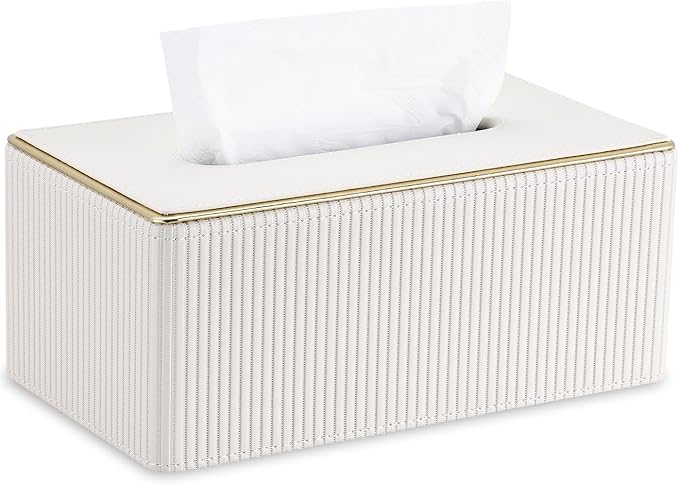 GORESE Rectangle Tissue Box Cover for Kleenex, PU Leather Tissue Box Holder, Rectangular Decorative Tissue Covers for 120(3-Ply)/160(2-Ply) Tissue Box, Cream White
