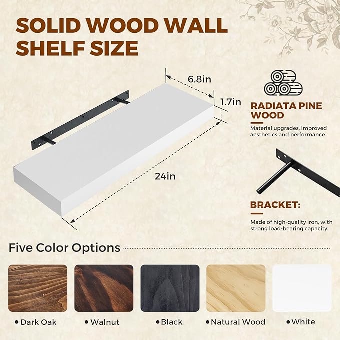 Floating Wall Shelves 24 x 6.8 x 1.7 Inch – Solid Wood Rustic Shelves in White Finish – Wall Mounted Display Shelf for Bathroom, Kitchen, Bedroom – Set of 2