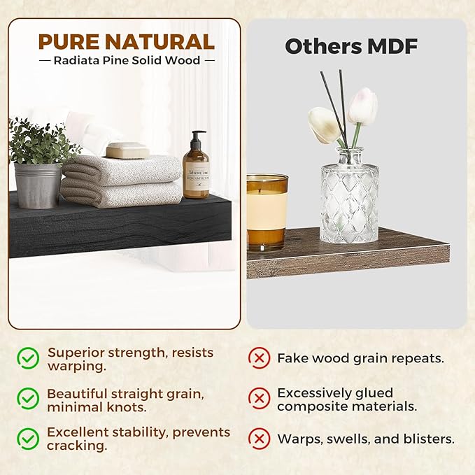Floating Wall Shelf 16x6.8x1.7 Inch – Solid Wood Shelf in Black Finish – Wall Mounted Rustic Display Organizer for Bathroom, Kitchen, Bedroom, Small Spaces – Set of 2