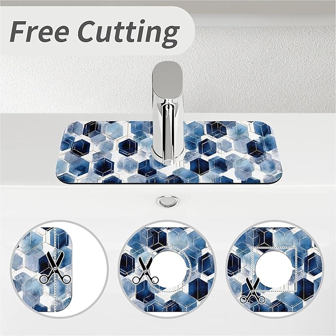Kitchen Sink Splash Guard，Watercolor blue hexagon Faucet Mat Sink Gadgets-Super Absorbent Fast Drying Mat Drip Catcher for Kitchen, Bathroom,Sink Mat, Dish Drying Mat, Bathroom(15" X 5.5" )