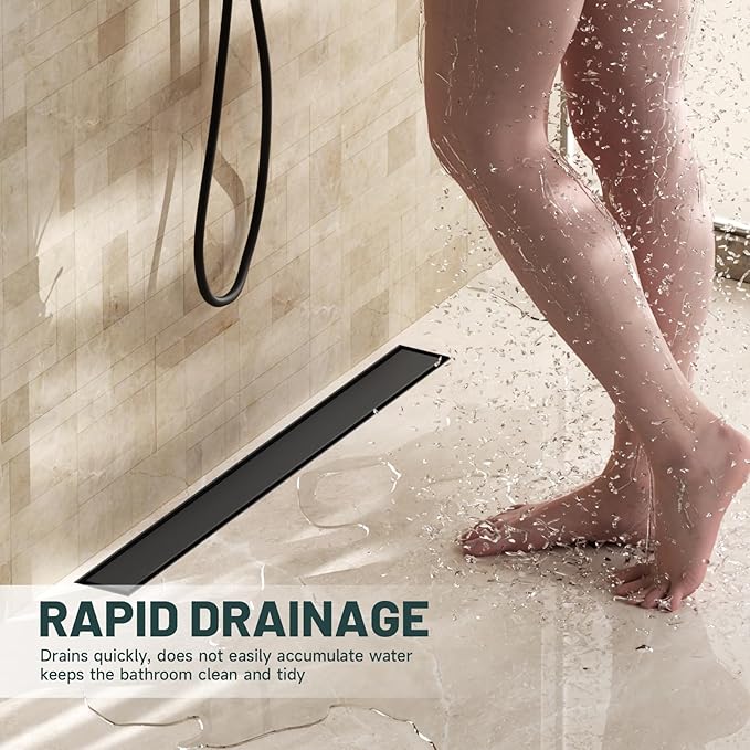 28-Inch Linear Shower Floor Drain, Stainless Steel Bathroom Floor Drains, Rectangular Shower Trench Floor Drain, Hair Strainer, Matte Black