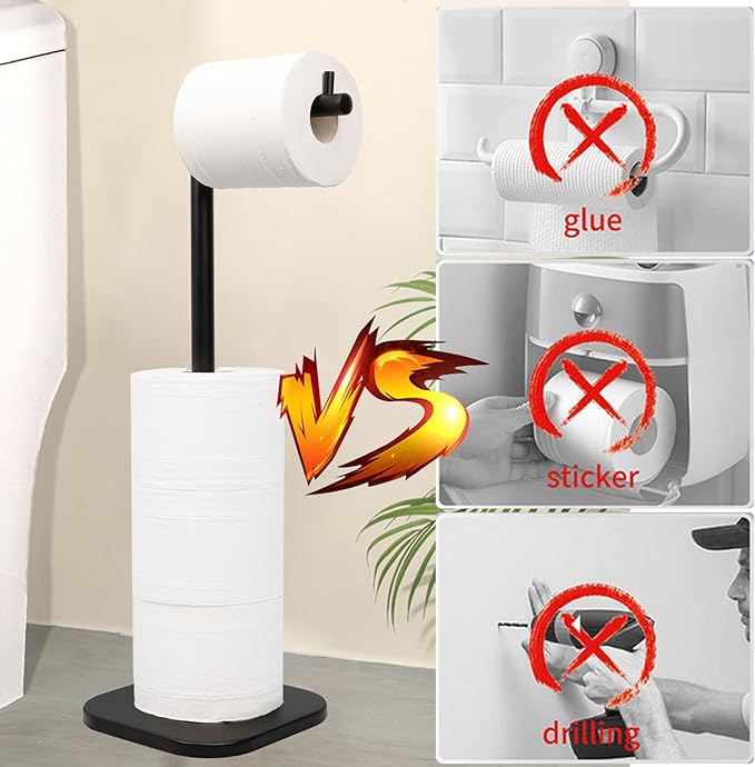 Toilet Paper Holder Stand, Free Standing Tissue Paper Storage for Bathroom, Stainless Steel Toilet Paper Stand with Reserve for 5 Roll Weighted Base Bathroom Toilet Roll Holder(Matte Black)