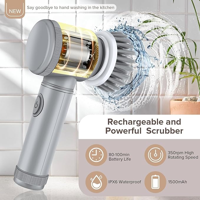 Electric Cleaning Brush, Rechargeable Multifunctional Scrubber for Kitchen and Bathroom, IPX6 Waterproof, 350rpm High Speed, 1500mAh Battery, with Multiple Brush Heads (grey, 5 brush heads)