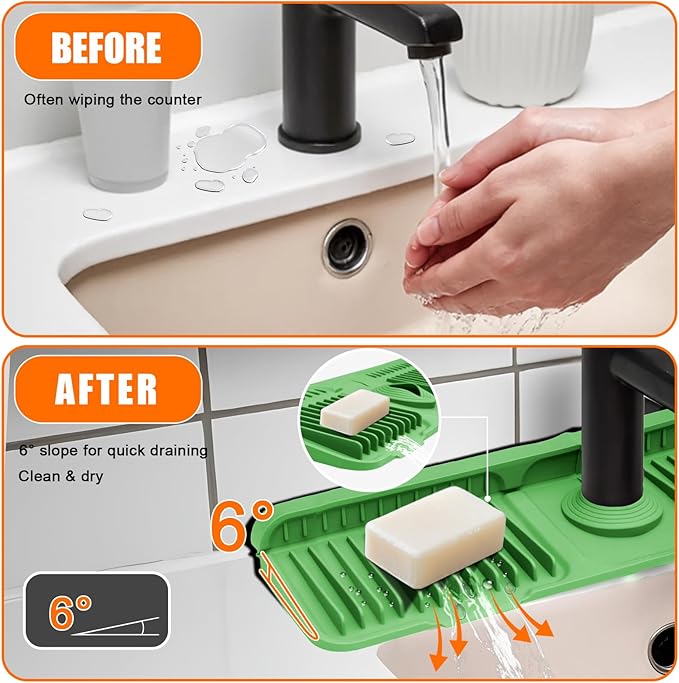Green 24" Button Style Faucet Drip Catcher – Silicone Faucet Mat for Kitchen Sink, Leak-Proof Splash Guard with 6° Slope | Behind Faucet Draining Mat Easy Gadgets for Bathroom Kitchen Countertops
