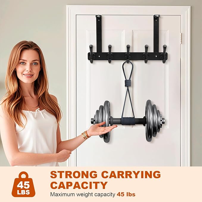 persevere Over The Door Hooks with Auto-Locking Design, Rustproof Multi-Functional Coat Rack, Bathroom Towel Holder, Space-Saving Door Hanging Organizer with 5 Hooks for Clothes and Towels (Black)