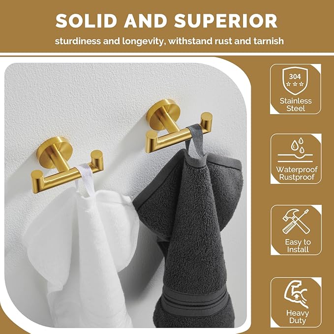 Angle Simple Towel Double Hook Brassy Gold 2 PCS, SUS304 Stainless Steel Bathroom Hand Towel Holder, Double Robe Hook, Wall Mount