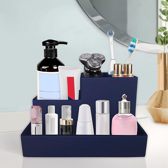 Toothbrush Holder, Bathroom Countertop Organizer, Bathroom Accessory Storage, Vanity Multi Use Holder for Electric Toothbrush Toothpaste Razor Mouthwasher and Others (Rubber Paint Navy Blue)