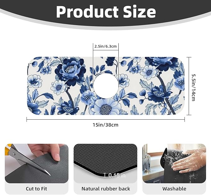 Blue Floral 15" X 5.5" Kitchen Sink Splash Guard, Faucet Guard Draining Mat, Faucet Suction Pad For Kitchen Bathroom