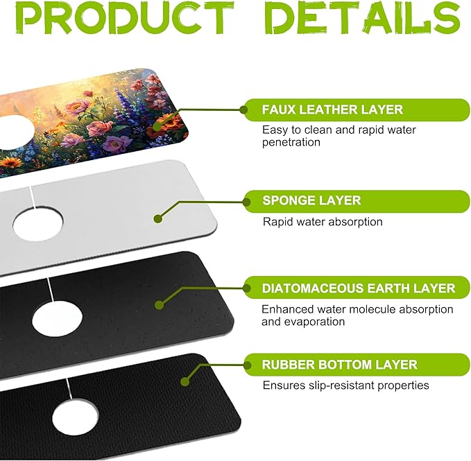 Kitchen Sink Splash Guard Faucet Mat Super Absorbent Fast Drying Mat Guard Behind Faucet Drip Catcher for Kitchen Bathroom (Flowers Bees in the Garden, 23.5"X5.5")