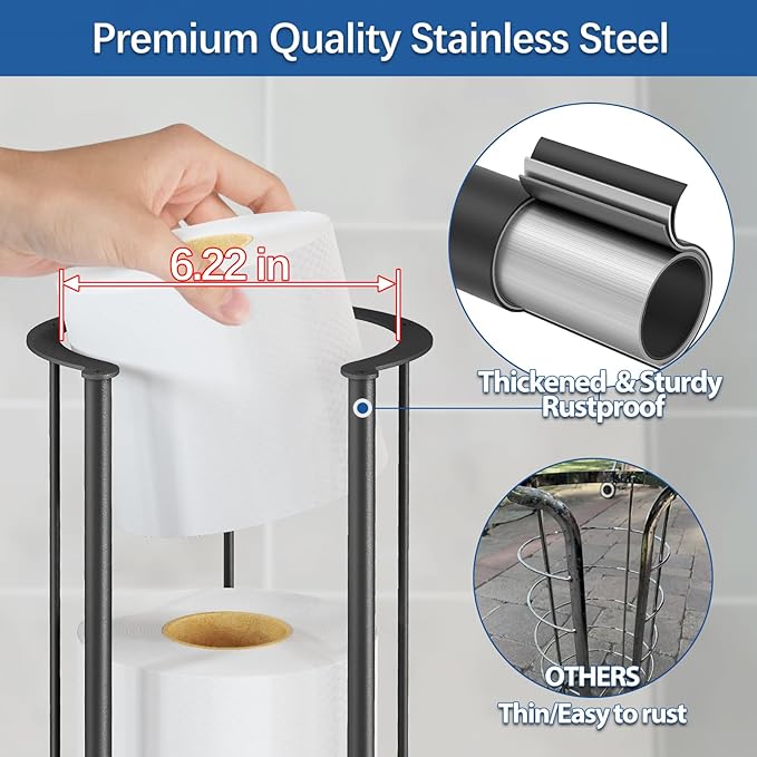 New Upgrade Free Standing Toilet Paper Storage Holder Stand, Heavy Duty 304 Stainless Steel Base, 3 Roll Capacity Toilet Paper Roll Holder for Bathroom Organization