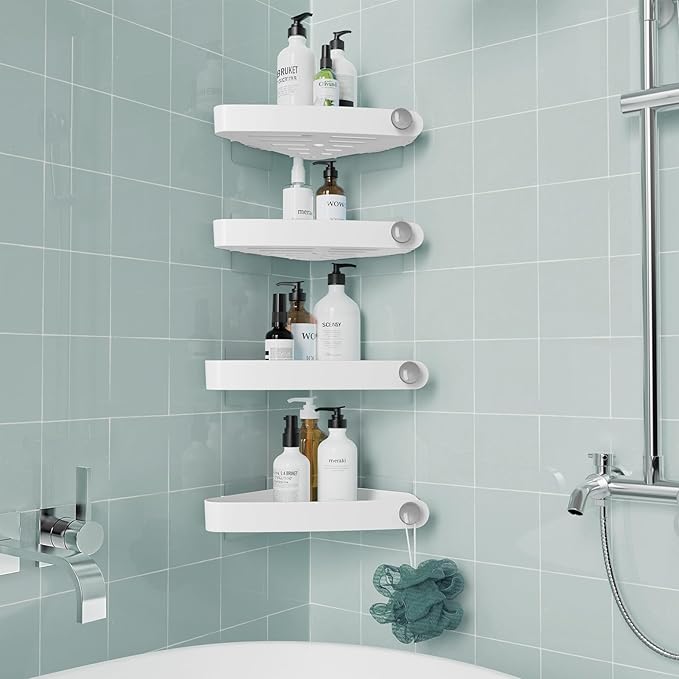 Sotfamily Plastic Shower Caddy Corner (For 90° Only), 4 Pack Adhesive Corner Shower Shelves for Bathroom Organizers and Storage, White