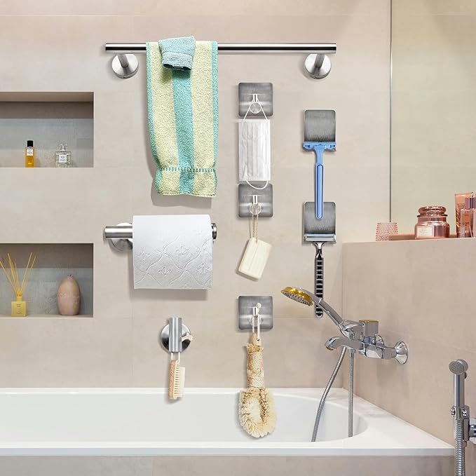 9 PCS Bathroom Hardware Set, Brushed Nickel Stainless Steel Bathroom Tower Rack Set Wall Mounted Includes 16" Towel Bar, Toilet Towel Paper Holder, 6 Robe Towel Hooks, 1 Soap Holder