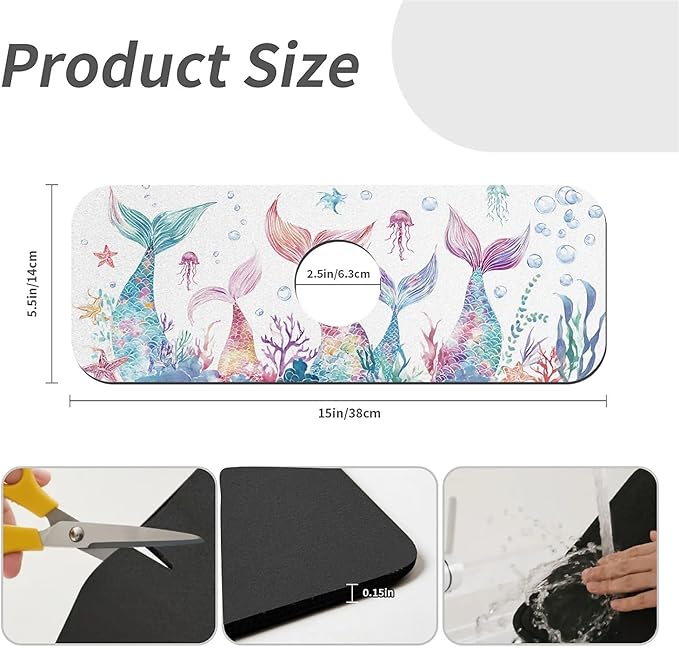 Kitchen Sink Splash Guard，Mermaid tails Faucet Mat Sink Gadgets-Super Absorbent Fast Drying Mat Drip Catcher for Kitchen, Bathroom,Sink Mat, Dish Drying Mat, Bathroom(15" X 5.5" )