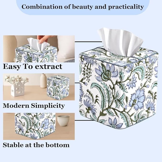 Ridhi Columbia Blue Block Print Tissue Box Cover – Handmade Cotton Fabric Tissue Holder for Home Bedroom Living Room Bathroom Vanity Car Nightstand Office Kitchen – Decorative Square Napkin Holder