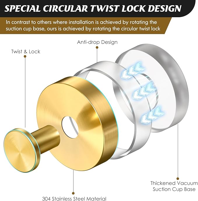 Suction Cup Hooks,No Drill Shower Hooks for Inside Shower,Heavy Duty Towel Hooks for Wall,Bathroom,Kitchen,Glass,Mirror,Tile to Hang Towels,Loofah-Gold(2 Pack)