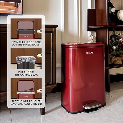Kitchen Bathroom 8 Gallon Trash Can - Stainless Steel Garbage Cans with Foot Pedal, Recycling Bin with Lid for Office Bathroom Decor (Red, 30Liter / 8Gallon)