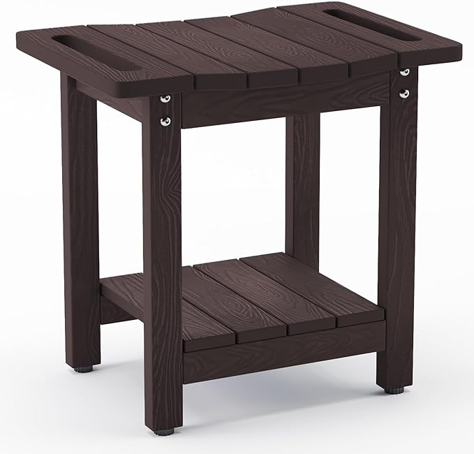 LUE BONA Shower Bench Stool, HDPS Shower Benches for Inside Shower with Shelf, Waterproof Shower Chair Foot Stool for Spa Bathroom, Weather Resistant/Non-Slip/Handles/Indoor or Outdoor Use, Espresso