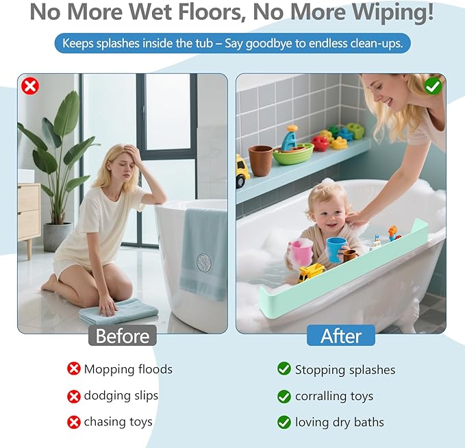 2.6-Ft Bathtub Splash Guard for Tub Kids, Silicone Splash Shield with 11 Suction Cups, Toy Tray Shelf, No Spill Water Barrier, Prevents Mess, Fun Bathtime for Toddlers Baby–Green