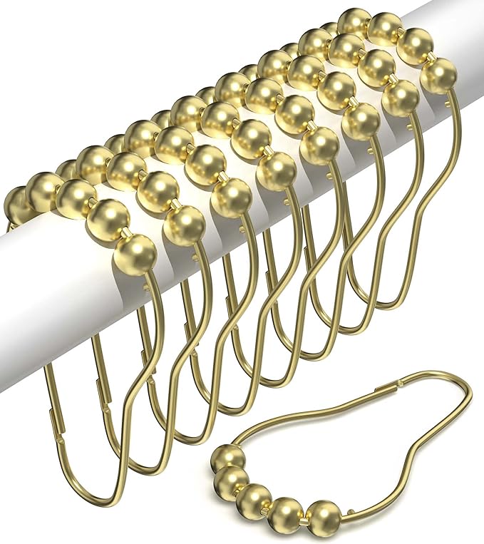 Shower Curtain Hooks Rust Proof (Set of 12) - Stainless Steel Shower Curtain Rings - Anti Slip Roller Balls for Easy Glide (Secure Lock Hooks, Polished Gold)