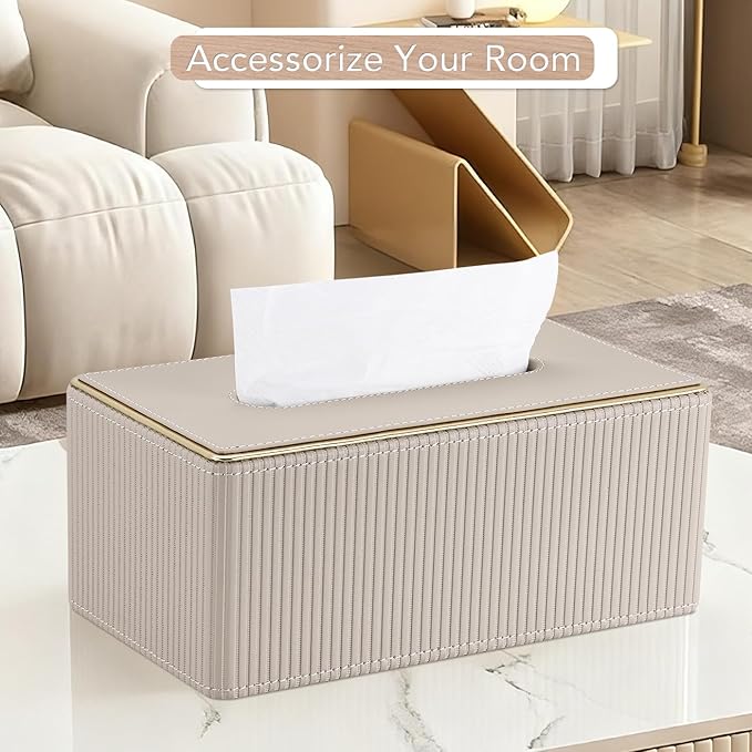 GORESE Rectangular Tissue Box Cover, PU Leather Kleenexs Box Cover, Rectangle Decorative Tissue Box Holder for 120(3-Ply)/160(2-Ply) Tissue Box, Beige
