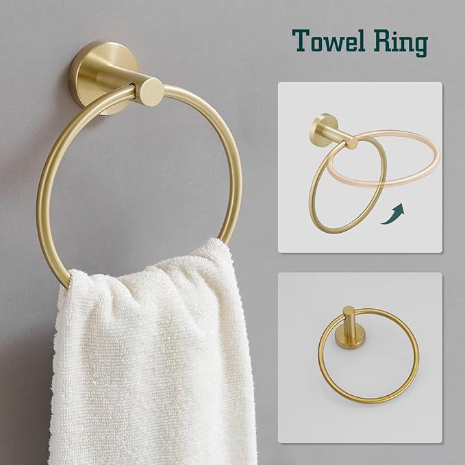 5Pcs Bathroom Hardware Set, Towel Racks for Bathroom Wall Mount, Stainless Steel Towel Bar Set with Toilet Paper Holder Hand Towel Holder Robe Hook Accessory Kit, Brushed Gold