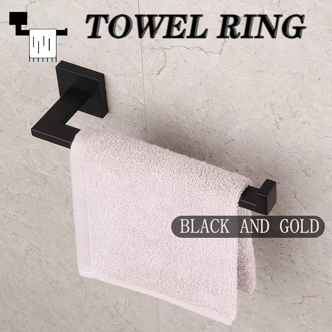 GERZWY SUS 304 Stainless Steel Bathroom Hardware Set Matte Black Towel Ring and Toilet Paper Holder Bath Hardware Accessories Sets Wall Mounted IG1856-2BK