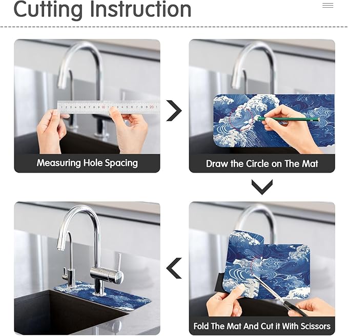 Kitchen Sink Splash Guard 1 PC 30 Inch Sink Faucet Mat Splash Guard for Bathroom Countertop Water Absorbent Foldable Cuttable Soft Washable Blue Ocean Waves