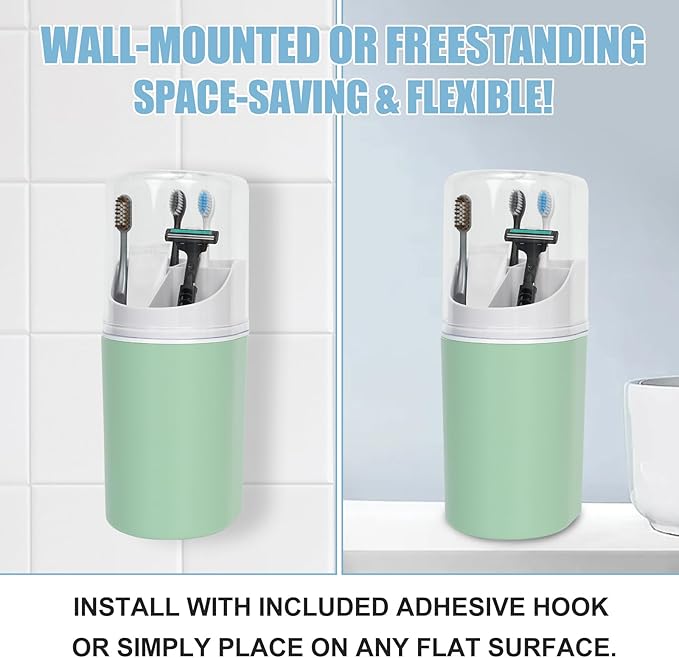 Tall Electric Toothbrush Holder with Cover, 10.6" Dust Proof Bathroom Caddy Fits Adults Electric Toothbrushes, Toothpaste, Wall Mount or Countertop Organizer with Removable Dividers, 4 Slots (Green)
