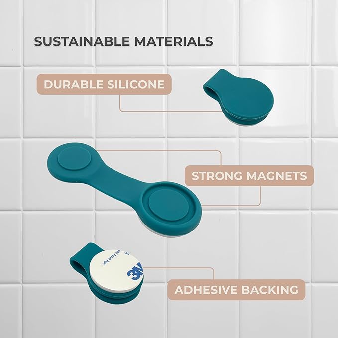 4 Pack Self Adhesive Shower Curtain Clips – Wall Mounted Clips Keep Curtain Closed and Contain Water Inside Shower – Easy Install Bathroom Splash Guards – Shower Accessories (Biscay Bay Blue)