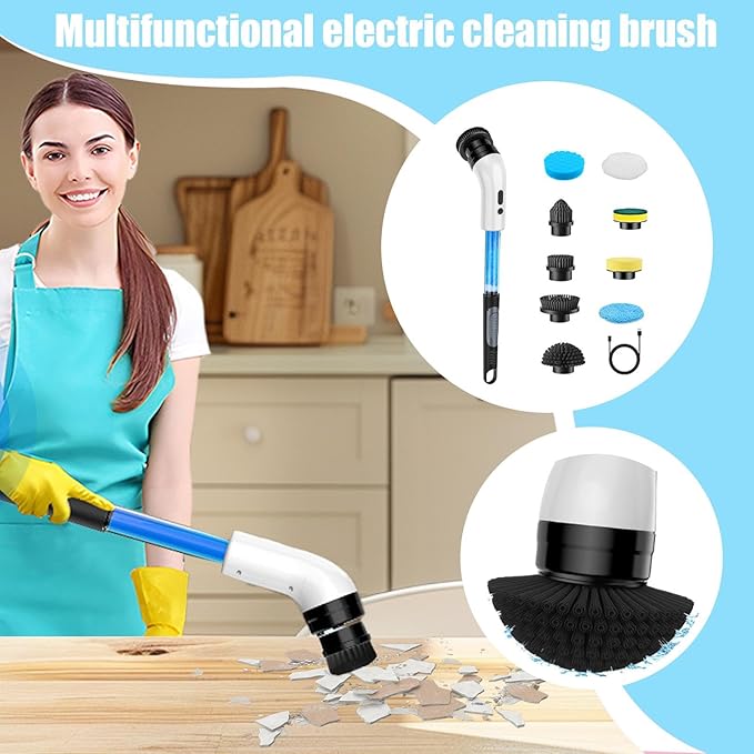 Electric spinn Scrubber - 1500mAh Cordless Cleaning Brush Scrubber for Home | 280/250 RPM | 9 Replaceable Brush Heads | 3-4 Hours Work Time | 2 Gears for Bathroom Shower Bathtub Glass Car